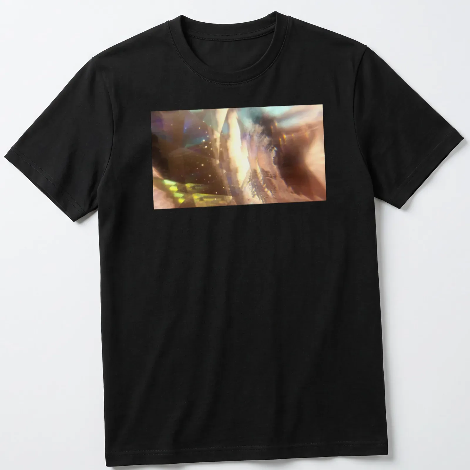 Abstract design of a galactic seashell with starlight prism in iridescent colors. — printed on a unisex t-shirt