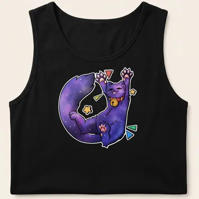 Kawaii Galaxy Cat lounging with stars and text Biiigg Stretch in vibrant colors — printed on a tank top