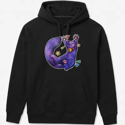 Kawaii Galaxy Cat lounging with stars and text Biiigg Stretch in vibrant colors — printed on a unisex hoodie