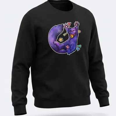 Kawaii Galaxy Cat lounging with stars and text Biiigg Stretch in vibrant colors — printed on a unisex sweatshirt