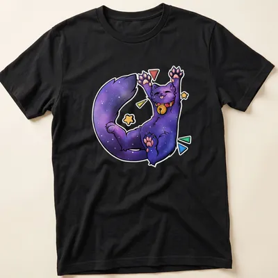 Kawaii Galaxy Cat lounging with stars and text Biiigg Stretch in vibrant colors