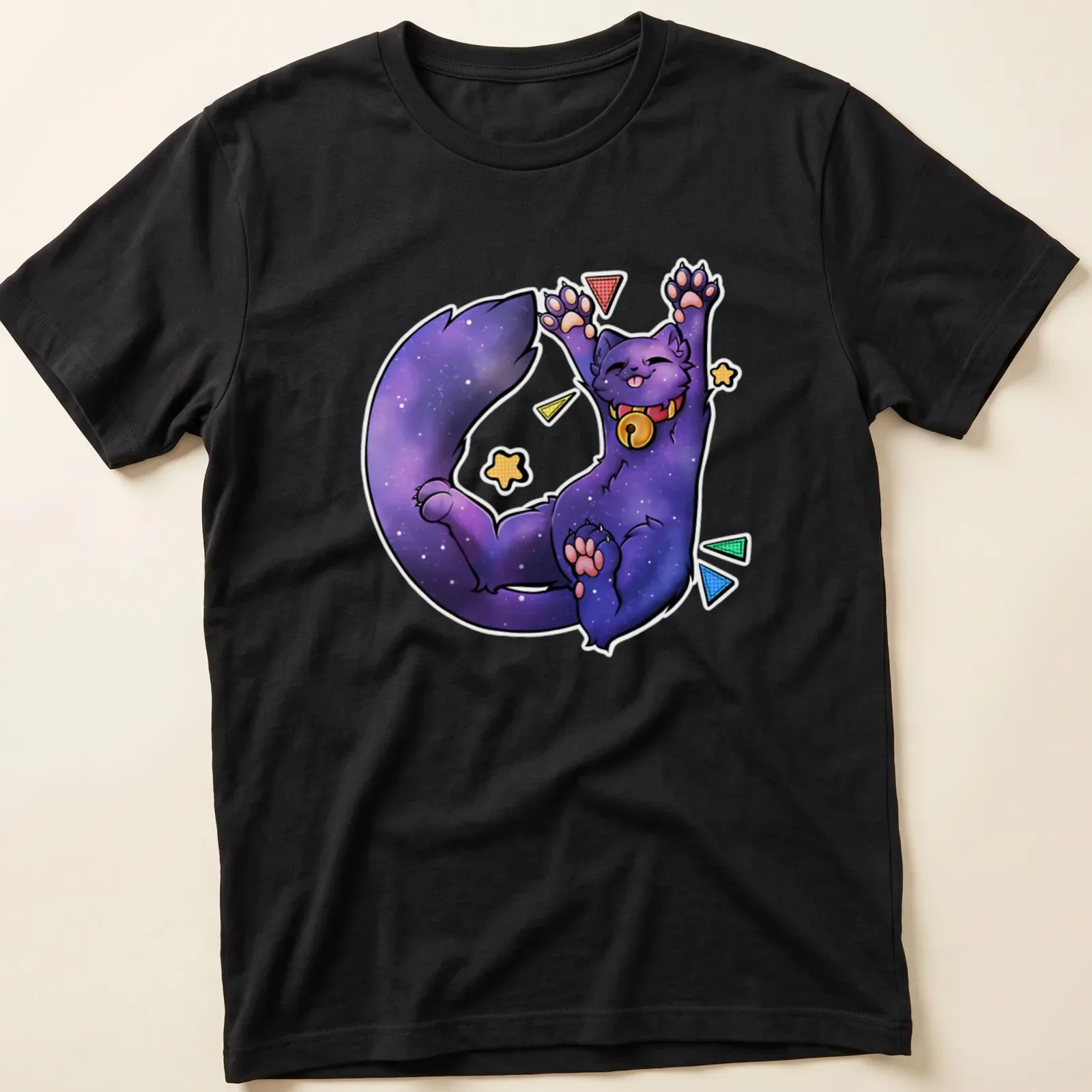 Kawaii Galaxy Cat lounging with stars and text Biiigg Stretch in vibrant colors — printed on a unisex t-shirt
