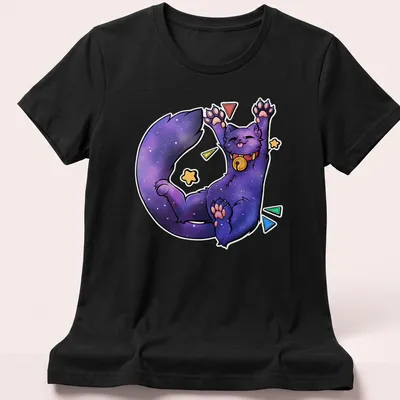 Kawaii Galaxy Cat lounging with stars and text Biiigg Stretch in vibrant colors — printed on a women's shirt