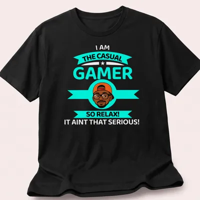 Cartoon design with text 'THE CASUAL GAMER SO RELAX!' in turquoise, black, orange, and white colors.