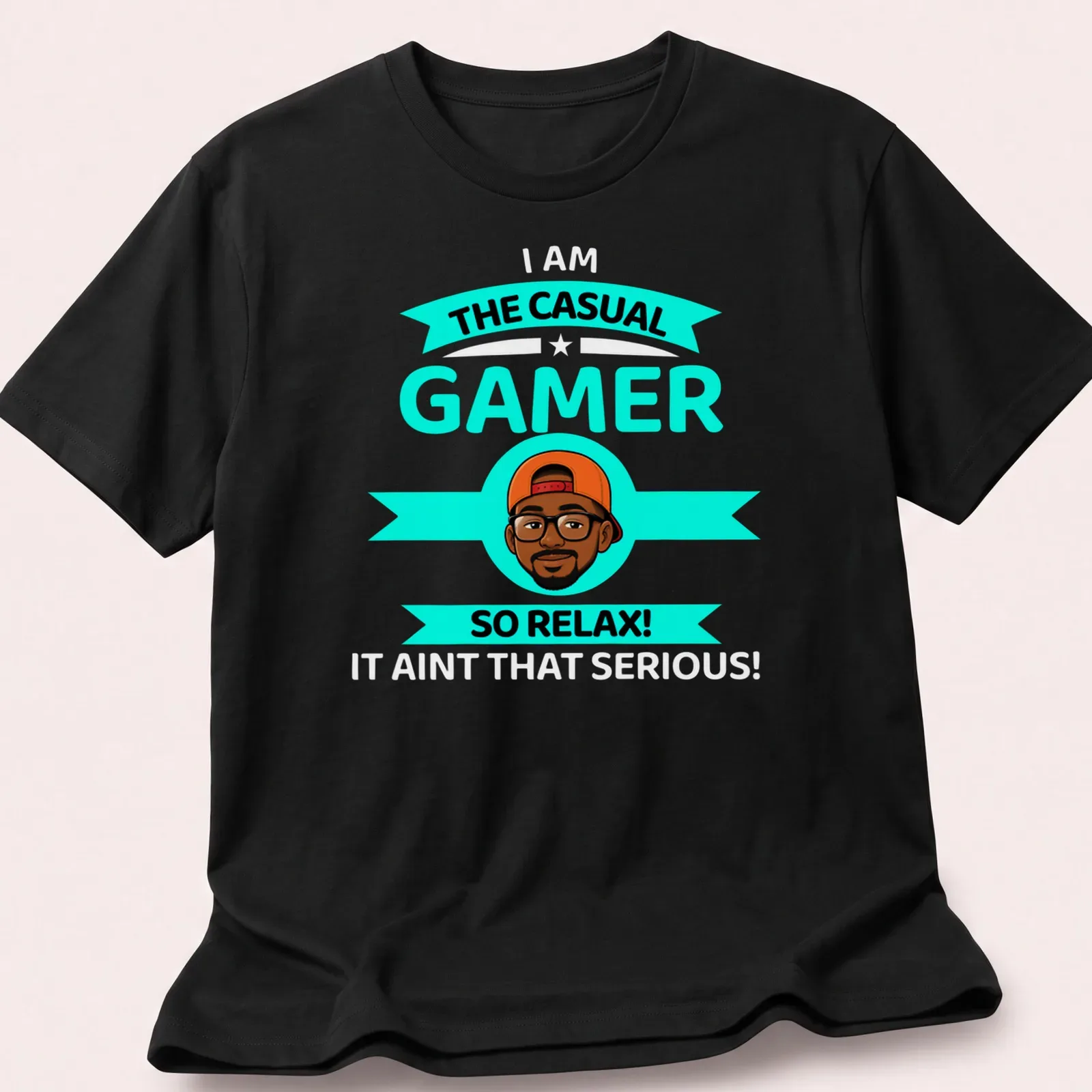 Cartoon design with text 'THE CASUAL GAMER SO RELAX!' in turquoise, black, orange, and white colors. — printed on a unisex t-shirt