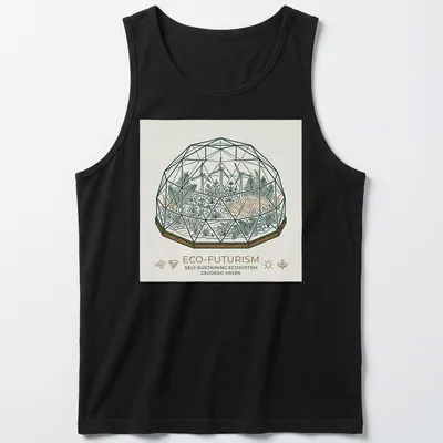 Line-art design featuring a geodesic dome terrarium with the text 'ECO-FUTURISM SELF-SUSTAINING ECOSYSTEM GEODESIC HAVEN'. — printed on a tank top
