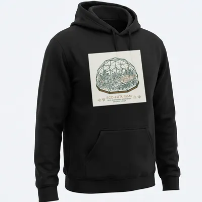 Line-art design featuring a geodesic dome terrarium with the text 'ECO-FUTURISM SELF-SUSTAINING ECOSYSTEM GEODESIC HAVEN'. — printed on a unisex hoodie