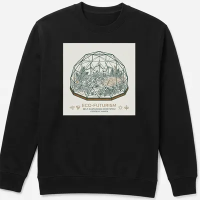 Line-art design featuring a geodesic dome terrarium with the text 'ECO-FUTURISM SELF-SUSTAINING ECOSYSTEM GEODESIC HAVEN'. — printed on a unisex sweatshirt