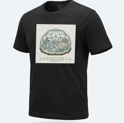 Line-art design featuring a geodesic dome terrarium with the text 'ECO-FUTURISM SELF-SUSTAINING ECOSYSTEM GEODESIC HAVEN'.