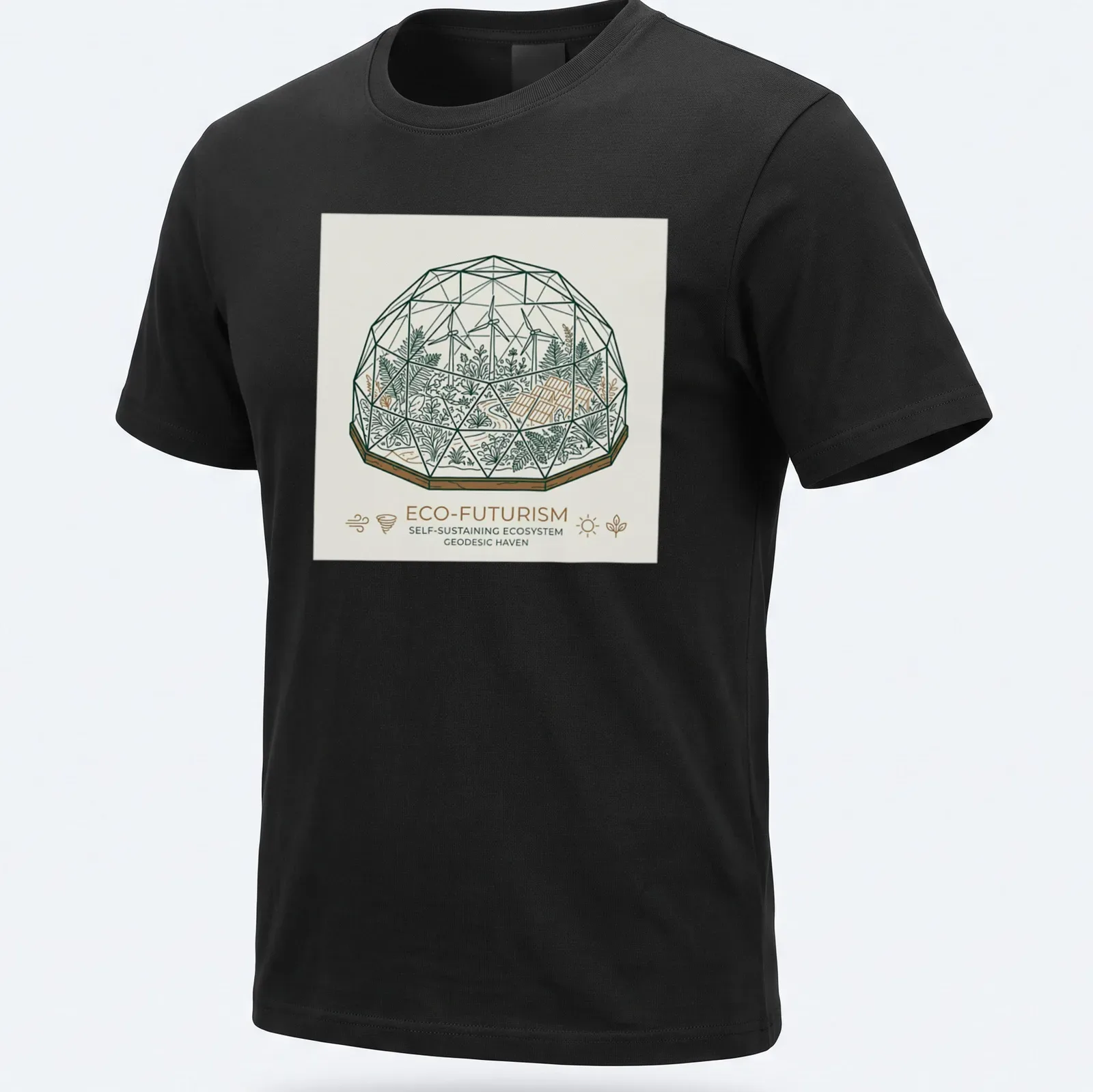 Line-art design featuring a geodesic dome terrarium with the text 'ECO-FUTURISM SELF-SUSTAINING ECOSYSTEM GEODESIC HAVEN'. — printed on a unisex t-shirt