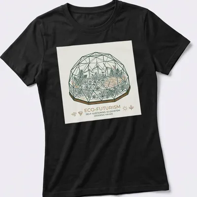 Line-art design featuring a geodesic dome terrarium with the text 'ECO-FUTURISM SELF-SUSTAINING ECOSYSTEM GEODESIC HAVEN'. — printed on a women's shirt