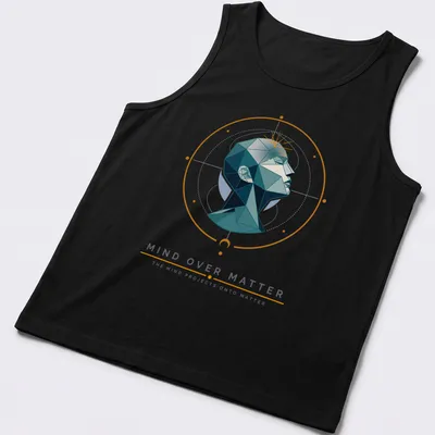Modern geometric print of a head with inspirational text about mind and matter — printed on a tank top