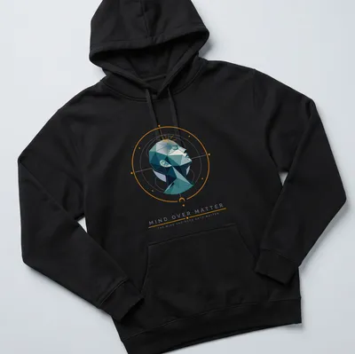 Modern geometric print of a head with inspirational text about mind and matter — printed on a unisex hoodie