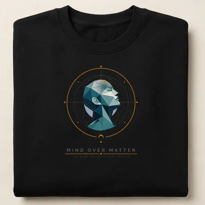 Modern geometric print of a head with inspirational text about mind and matter — printed on a unisex sweatshirt