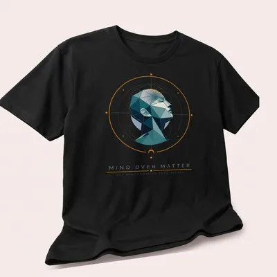 Modern geometric print of a head with inspirational text about mind and matter — printed on a unisex t-shirt (angled view)