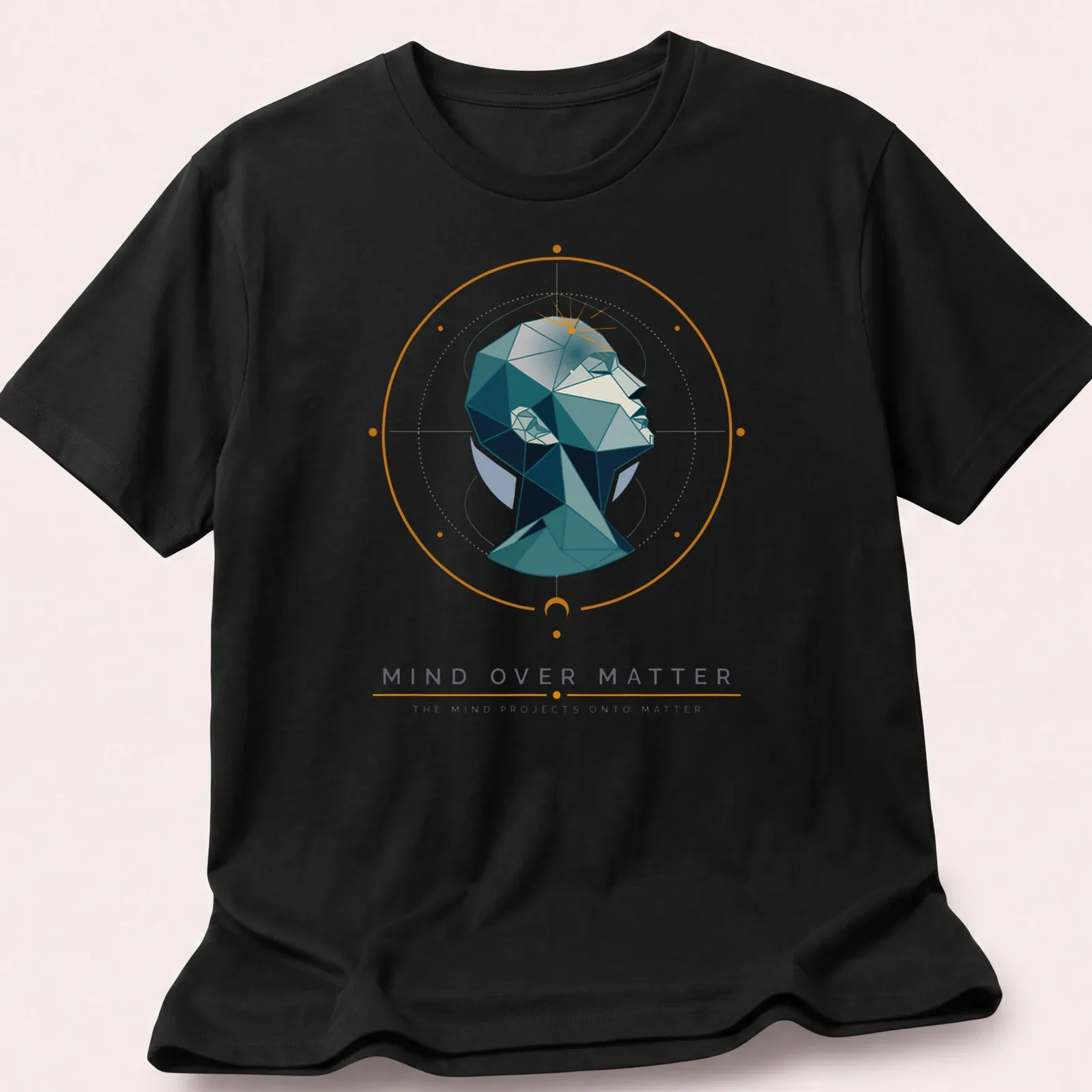 Modern geometric print of a head with inspirational text about mind and matter — printed on a unisex t-shirt
