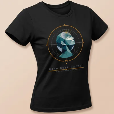 Modern geometric print of a head with inspirational text about mind and matter — printed on a women's shirt