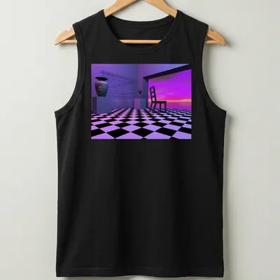 3D rendered geometric interior scene featuring a chair and vase in purple, black, white, and blue — printed on a tank top