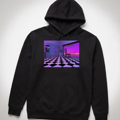 3D rendered geometric interior scene featuring a chair and vase in purple, black, white, and blue — printed on a unisex hoodie