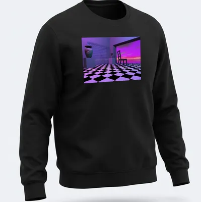 3D rendered geometric interior scene featuring a chair and vase in purple, black, white, and blue — printed on a unisex sweatshirt