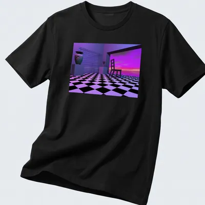 3D rendered geometric interior scene featuring a chair and vase in purple, black, white, and blue