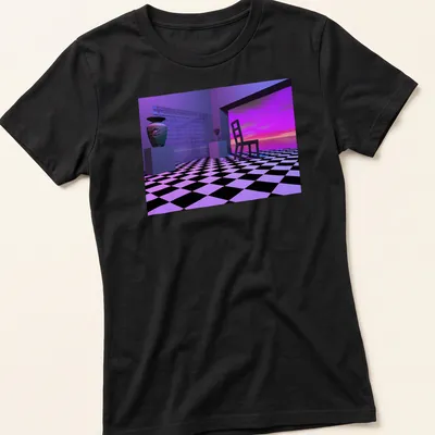 3D rendered geometric interior scene featuring a chair and vase in purple, black, white, and blue — printed on a women's shirt