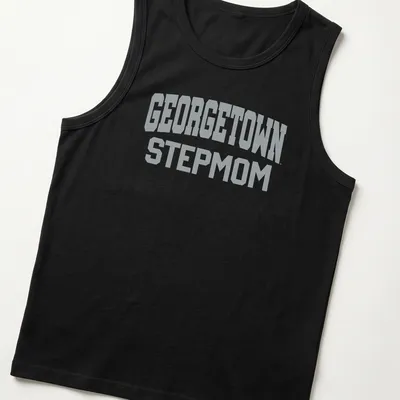 Gray t-shirt with bold collegiate print stating 'Georgetown Stepmom' — printed on a tank top