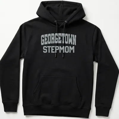 Gray t-shirt with bold collegiate print stating 'Georgetown Stepmom' — printed on a unisex hoodie