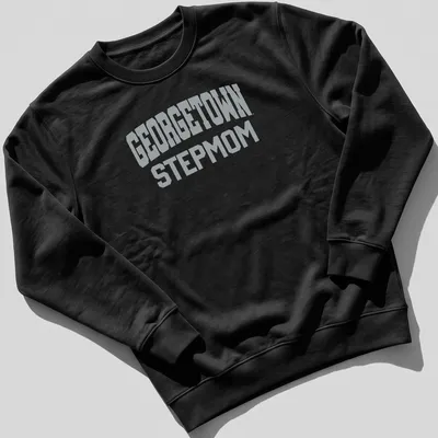 Gray t-shirt with bold collegiate print stating 'Georgetown Stepmom' — printed on a unisex sweatshirt