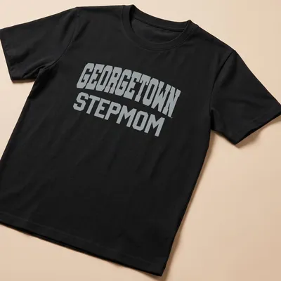 Gray t-shirt with bold collegiate print stating 'Georgetown Stepmom'