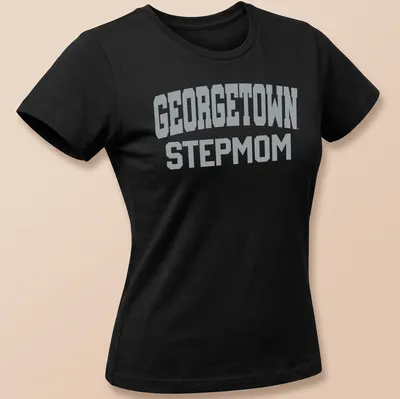 Gray t-shirt with bold collegiate print stating 'Georgetown Stepmom' — printed on a women's shirt