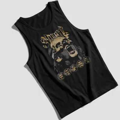 Distressed Ghost band t-shirt featuring iconic skull graphic in gold and black — printed on a tank top