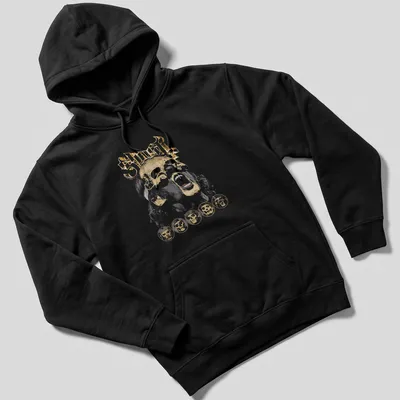 Distressed Ghost band t-shirt featuring iconic skull graphic in gold and black — printed on a unisex hoodie
