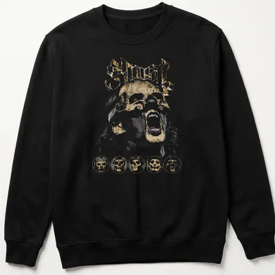 Distressed Ghost band t-shirt featuring iconic skull graphic in gold and black — printed on a unisex sweatshirt