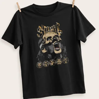 Distressed Ghost band t-shirt featuring iconic skull graphic in gold and black