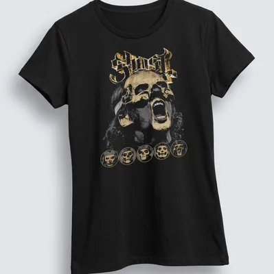 Distressed Ghost band t-shirt featuring iconic skull graphic in gold and black — printed on a women's shirt