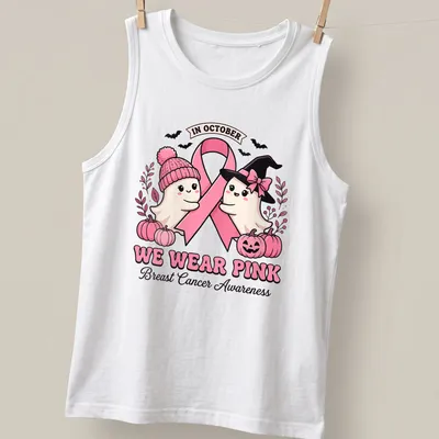 Kawaii style t-shirt with cute ghosts and pink ribbon for breast cancer awareness — printed on a tank top