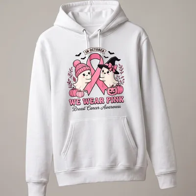 Kawaii style t-shirt with cute ghosts and pink ribbon for breast cancer awareness — printed on a unisex hoodie