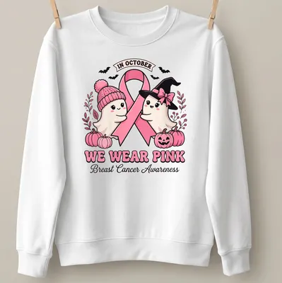 Kawaii style t-shirt with cute ghosts and pink ribbon for breast cancer awareness — printed on a unisex sweatshirt