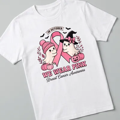 Kawaii style t-shirt with cute ghosts and pink ribbon for breast cancer awareness