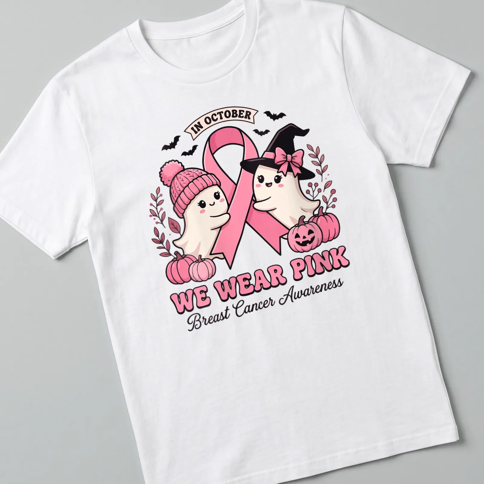 Kawaii style t-shirt with cute ghosts and pink ribbon for breast cancer awareness — printed on a unisex t-shirt