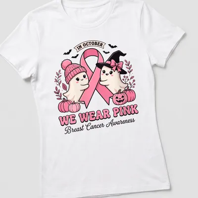 Kawaii style t-shirt with cute ghosts and pink ribbon for breast cancer awareness — printed on a women's shirt
