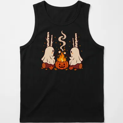 Kawaii cartoon of ghosts roasting marshmallows over a campfire with pumpkins — printed on a tank top