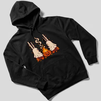 Kawaii cartoon of ghosts roasting marshmallows over a campfire with pumpkins — printed on a unisex hoodie