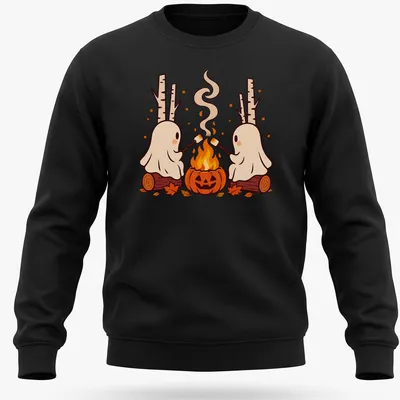 Kawaii cartoon of ghosts roasting marshmallows over a campfire with pumpkins — printed on a unisex sweatshirt
