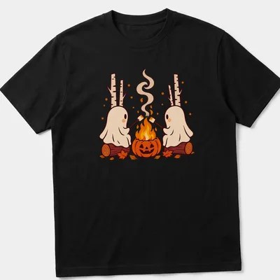 Kawaii cartoon of ghosts roasting marshmallows over a campfire with pumpkins