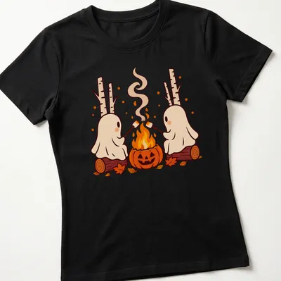 Kawaii cartoon of ghosts roasting marshmallows over a campfire with pumpkins — printed on a women's shirt