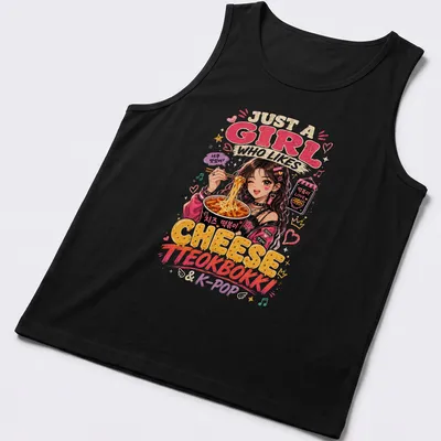 Kawaii anime girl enjoying cheese tteokbokki with K-Pop text — printed on a tank top