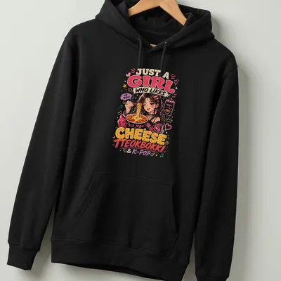 Kawaii anime girl enjoying cheese tteokbokki with K-Pop text — printed on a unisex hoodie