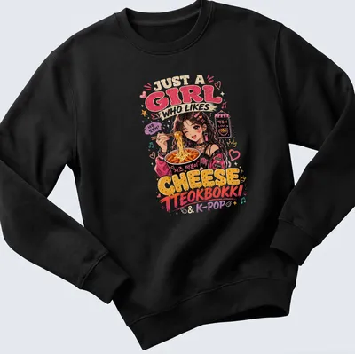 Kawaii anime girl enjoying cheese tteokbokki with K-Pop text — printed on a unisex sweatshirt